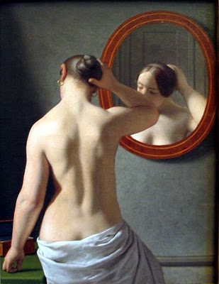Woman Standing in Front of a Mirror (1841) by Danish painter Christoffer Wilhelm Eckersberg (1783-1853)